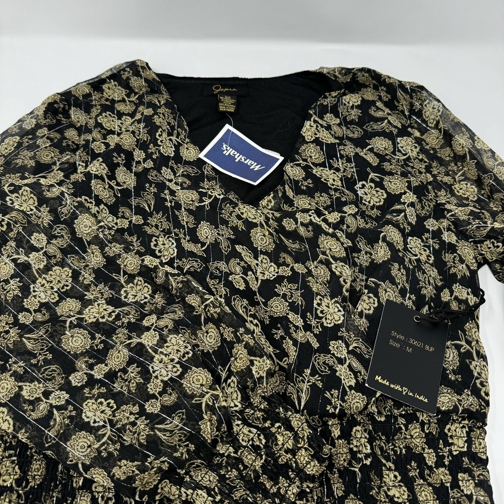 Japna Womens Floral Paisley Metallic Smocked Peplum Blouse Black Gold Medium NWT - Picture 3 of 6